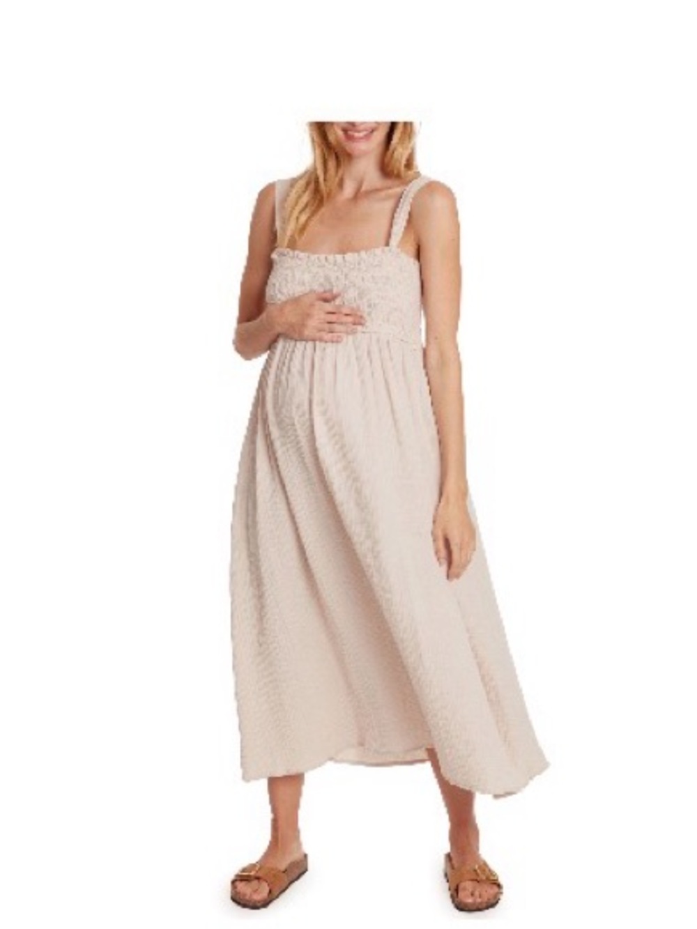 Lola maternity and nursing dress Smocked Square-Neck Midi Dress in Light Beige